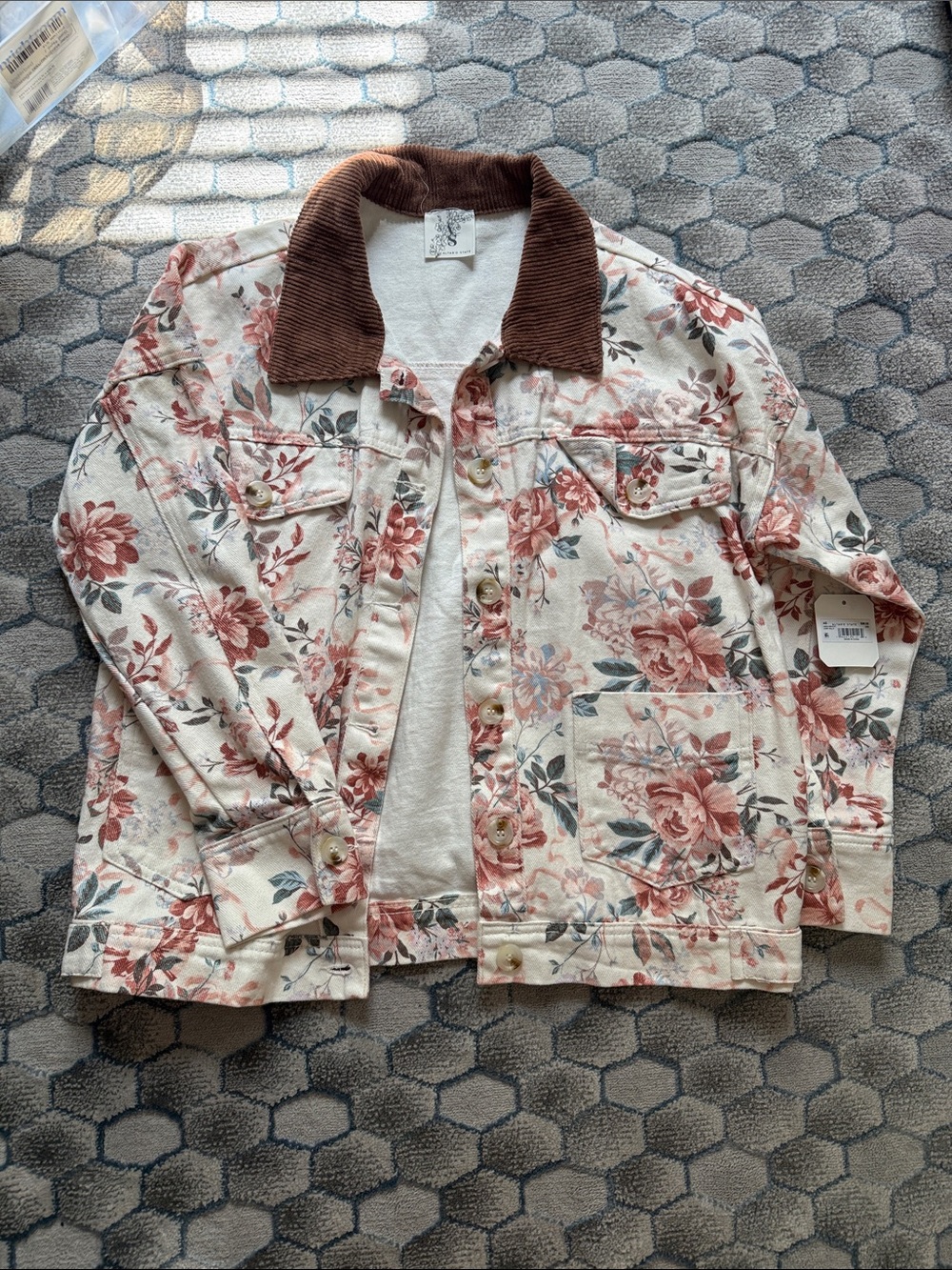 Altar'd State Cream Floral Jacket with Brown Corduroy Collar